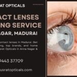 Close-up of a person inserting a contact lens, promoting lens fitting service at Nusrat Opticals in Anna Nagar, Madurai.