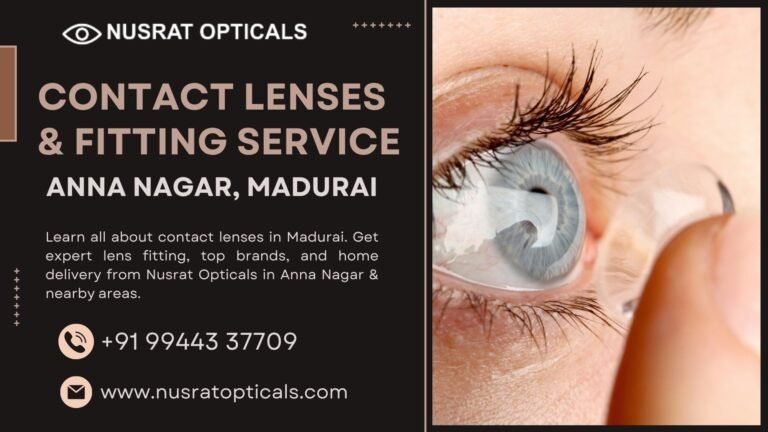 Close-up of a person inserting a contact lens, promoting lens fitting service at Nusrat Opticals in Anna Nagar, Madurai.