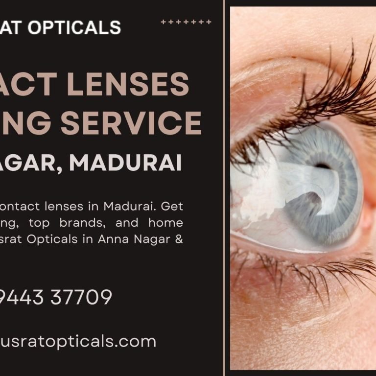 Close-up of a person inserting a contact lens, promoting lens fitting service at Nusrat Opticals in Anna Nagar, Madurai.